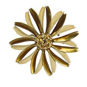 Vintage Gold Tone & Yellow Enamel Flower Brooch W/ Yellow Rhinestones (5733)
